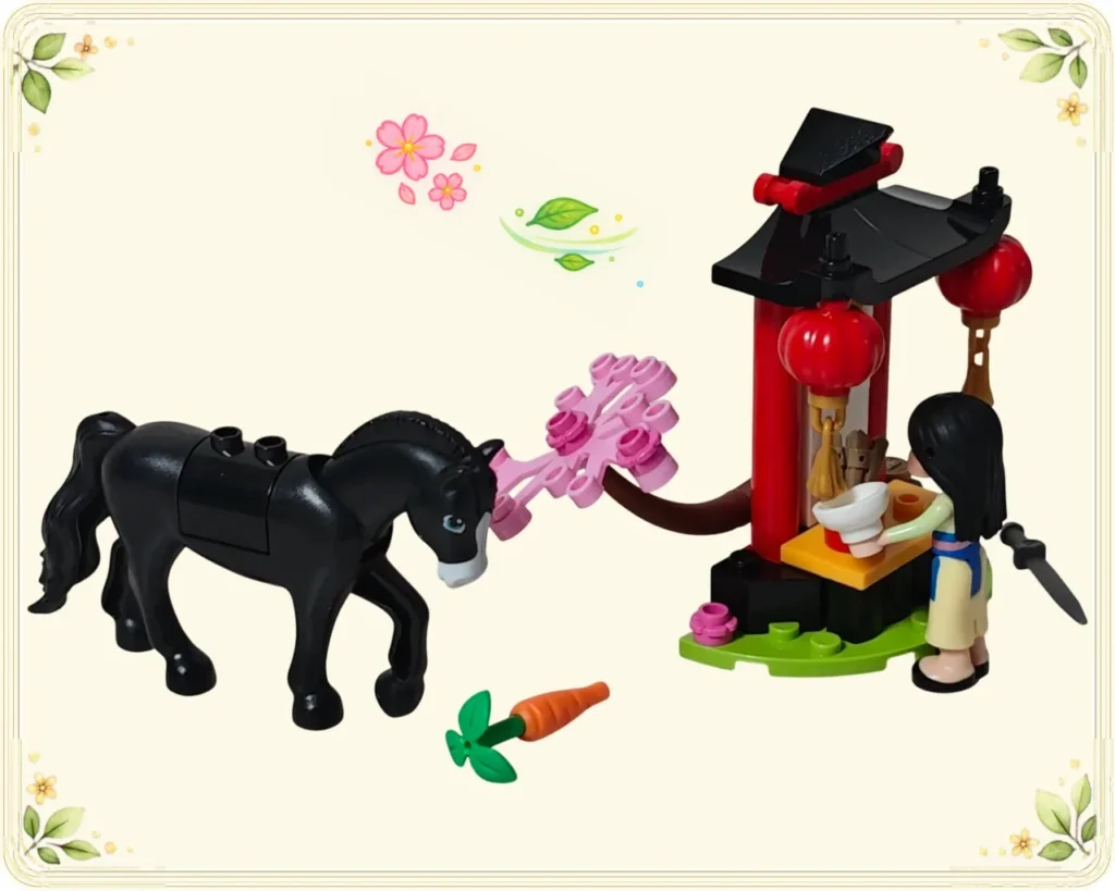 レゴ ディズニー 43208 ジャスミンとムーランの冒険 花の祠で器を持つムーランと頭を下げたカーン、にんじん