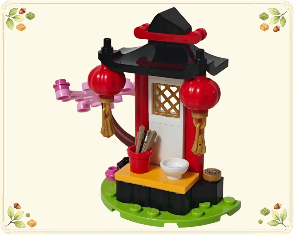 レゴ 43208 ジャスミンとムーランの冒険 箸、器、提灯、花の枝を備えた中国風の祠