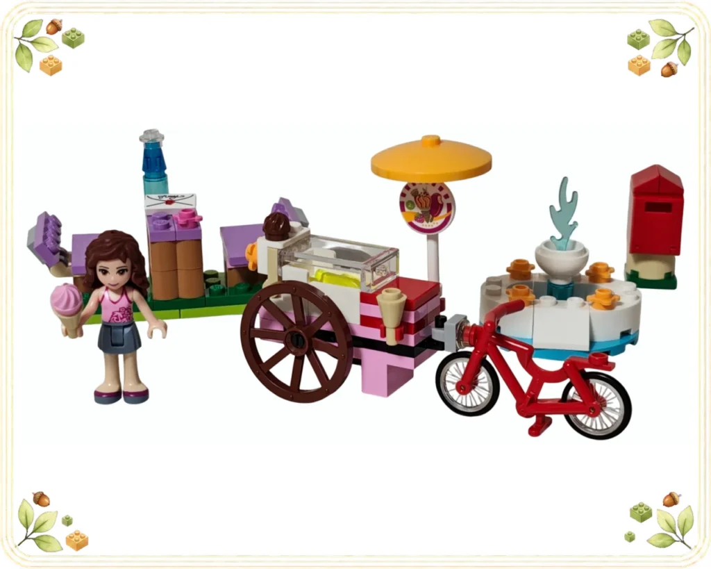 レゴ フレンズ 41030 アイスクリームやさん オリビアと販売車、自転車、噴水、ピクニックテーブル、郵便ポストの完成全景