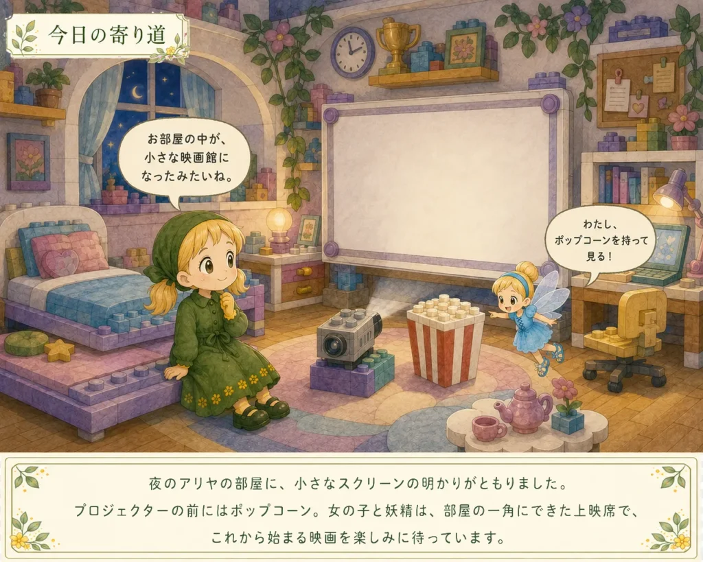 レゴ 41740 アリヤの部屋をイメージした映写スクリーンとプロジェクターのそばへ寄り道する女の子と妖精
