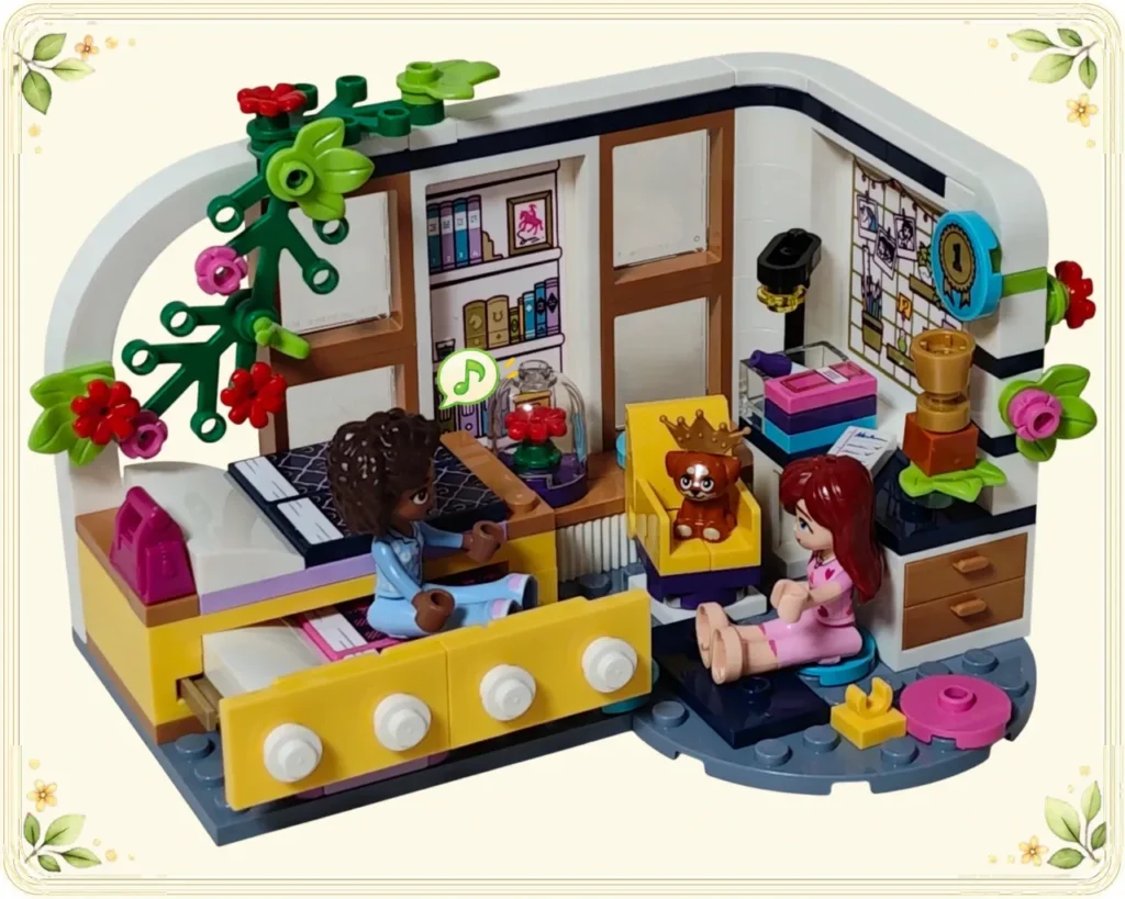 レゴ 41740 アリヤの部屋 アリヤとペイズリーが向かい合い、黄色いイスに王冠を付けたアイラが座る場面
