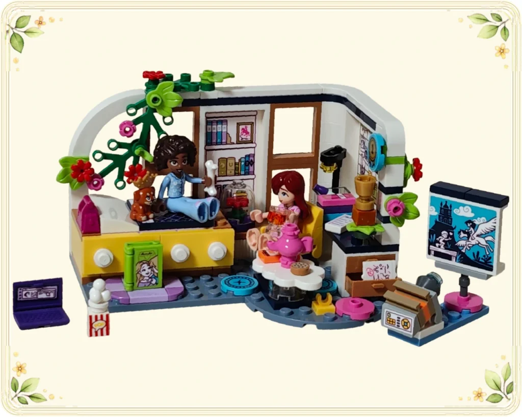 レゴ 41740 アリヤの部屋 アリヤとペイズリー、王冠を付けたアイラ、映写スクリーンやお茶のテーブルを並べた完成場面