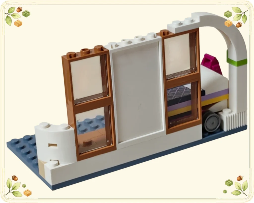 レゴ 41740 二つの茶色い窓枠と白い曲線フレームを備えた部屋の組立途中