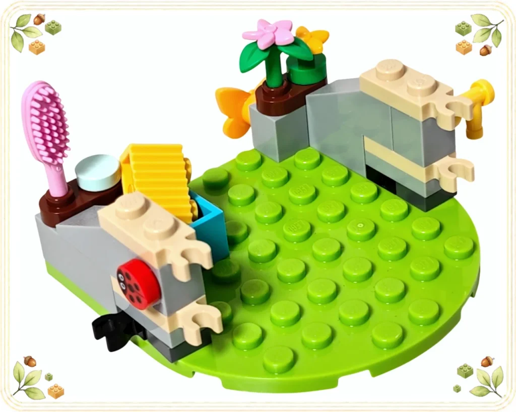 レゴ フレンズ 42607 オータムの仔牛小屋 紫色の手持ちブラシと黄色い回転式パネルを取り付けた土台