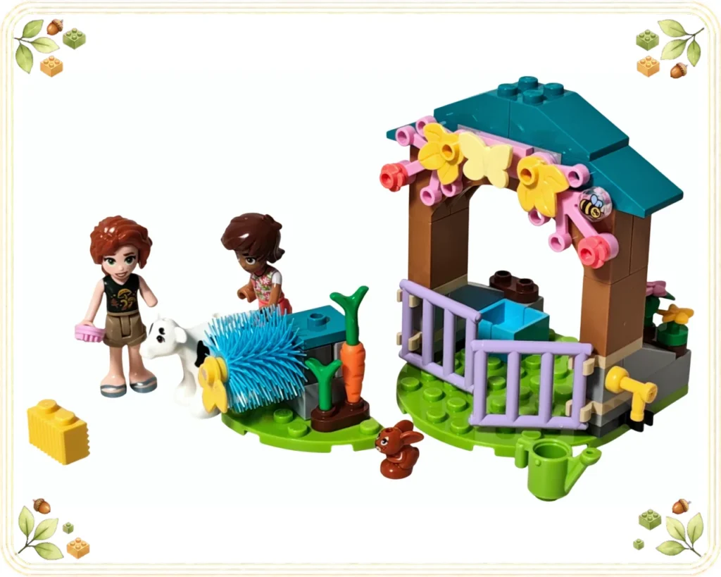 レゴ 42607 オータムの仔牛小屋 水色の回転ブラシの横に仔牛を置いてオータムとレオが手入れする場面