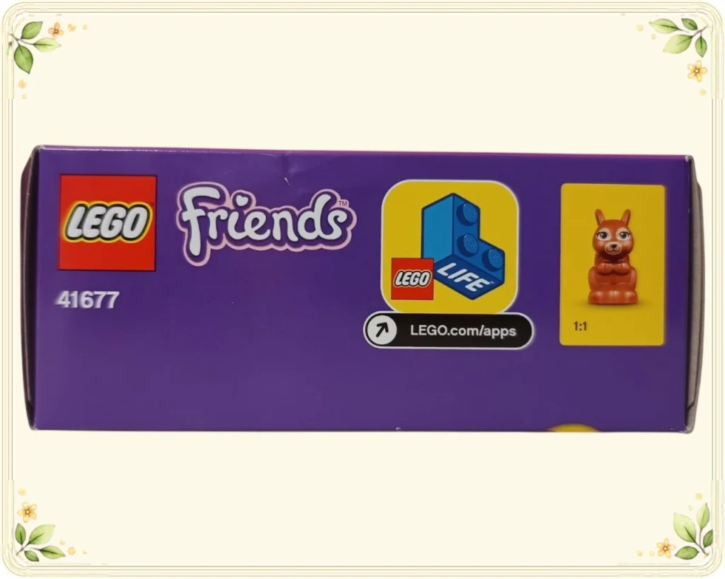 レゴ 41677 ハートレイクの森の滝 LEGO Lifeのロゴとアプリ案内、リスの1対1表示があるパッケージ上面