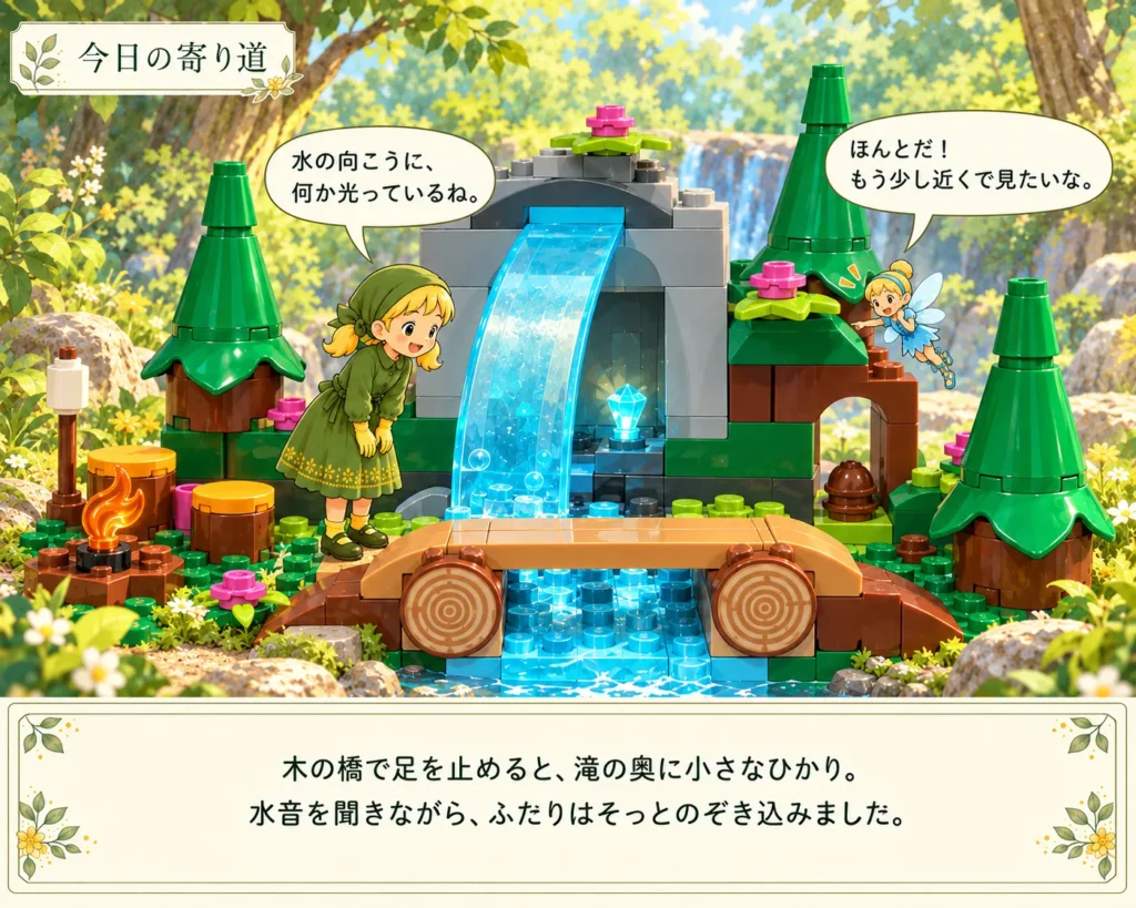 レゴ フレンズ 41677 ハートレイクの森の滝 大きな滝の左で宝石をのぞく女の子と、右側を飛ぶ妖精を描いた今日の寄り道
