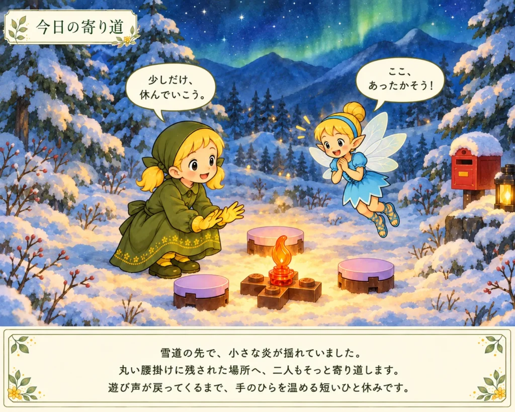 レゴ フレンズ 42698の冬の遊び場をもとにした挿絵 雪景色のたき火と薄紫の腰掛けのそばで森の女の子と妖精が休み、奥に赤いポストとランタンが見える場面