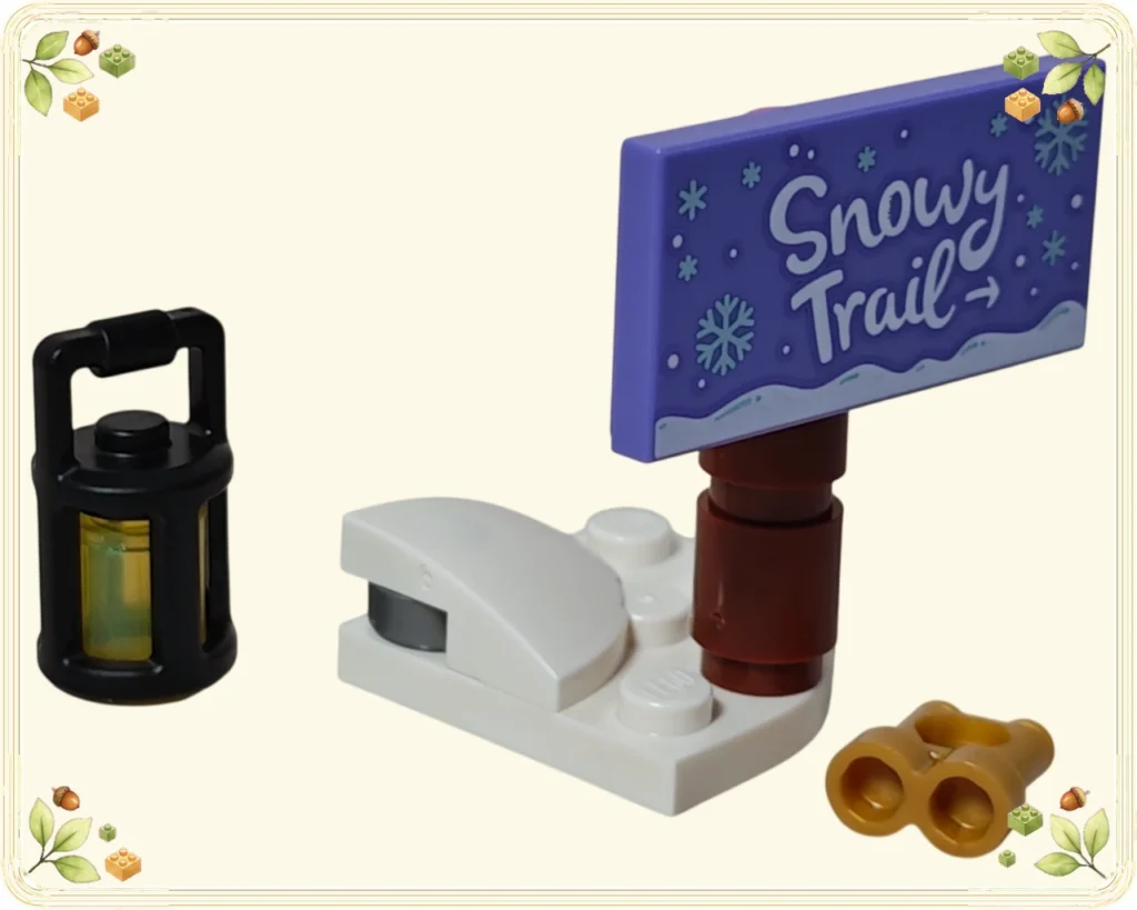 レゴ 42698 レゴフレンズ アドベントカレンダー2026 Snowy Trailの案内板と黒いランタン、金色の双眼鏡