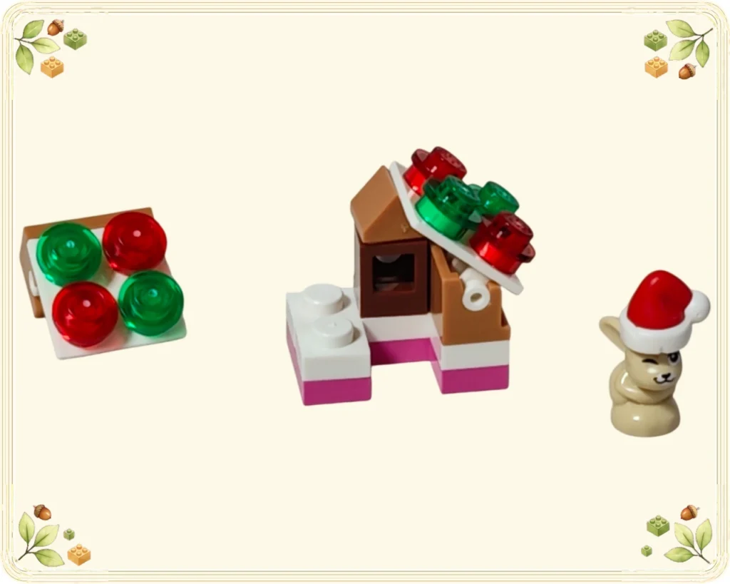 レゴ 42698 レゴフレンズ アドベントカレンダー2026 片側の屋根を付けたお菓子の家と取り付け前の屋根、サンタ帽のウサギ